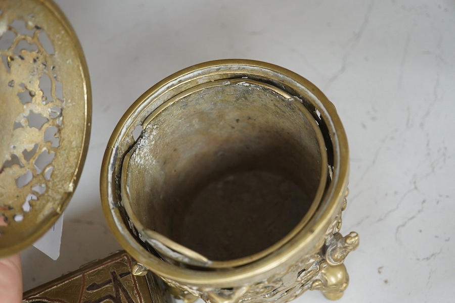 A pair of inscribed Chinese polished bronze reticulated censers, liners and covers, late 19th century, 20cm high together with a Cairo ware box, Condition - fair to good.